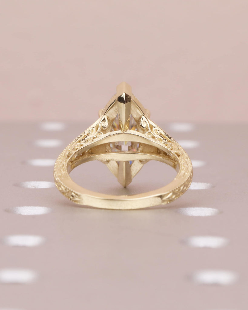 Vintage Style Marquise Moissanite Engagement Ring, Marquise Cut Solitaire Ring, 14k Solid Gold Filigree Promise Ring, Antique Engraved Band image #7