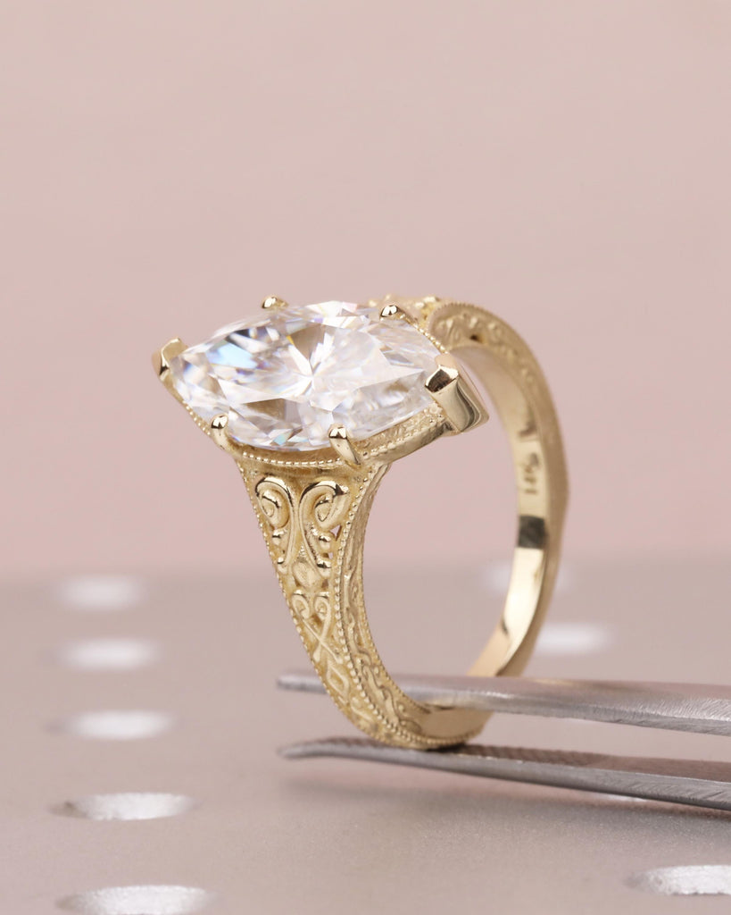 Vintage Style Marquise Moissanite Engagement Ring, Marquise Cut Solitaire Ring, 14k Solid Gold Filigree Promise Ring, Antique Engraved Band image #4