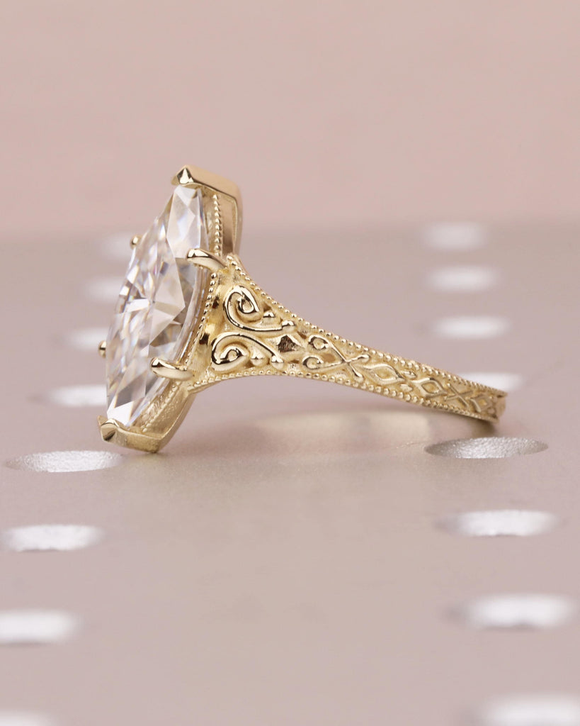 Vintage Style Marquise Moissanite Engagement Ring, Marquise Cut Solitaire Ring, 14k Solid Gold Filigree Promise Ring, Antique Engraved Band image #6