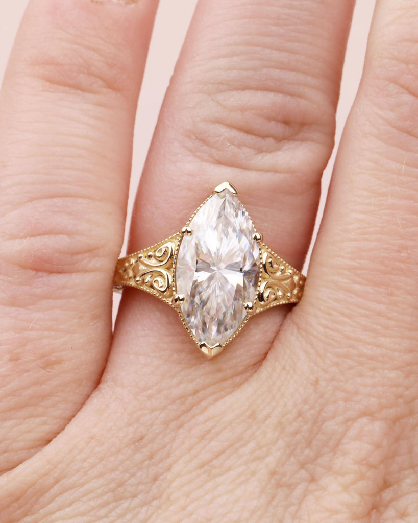 Vintage Style Marquise Moissanite Engagement Ring, Marquise Cut Solitaire Ring, 14k Solid Gold Filigree Promise Ring, Antique Engraved Band image #10