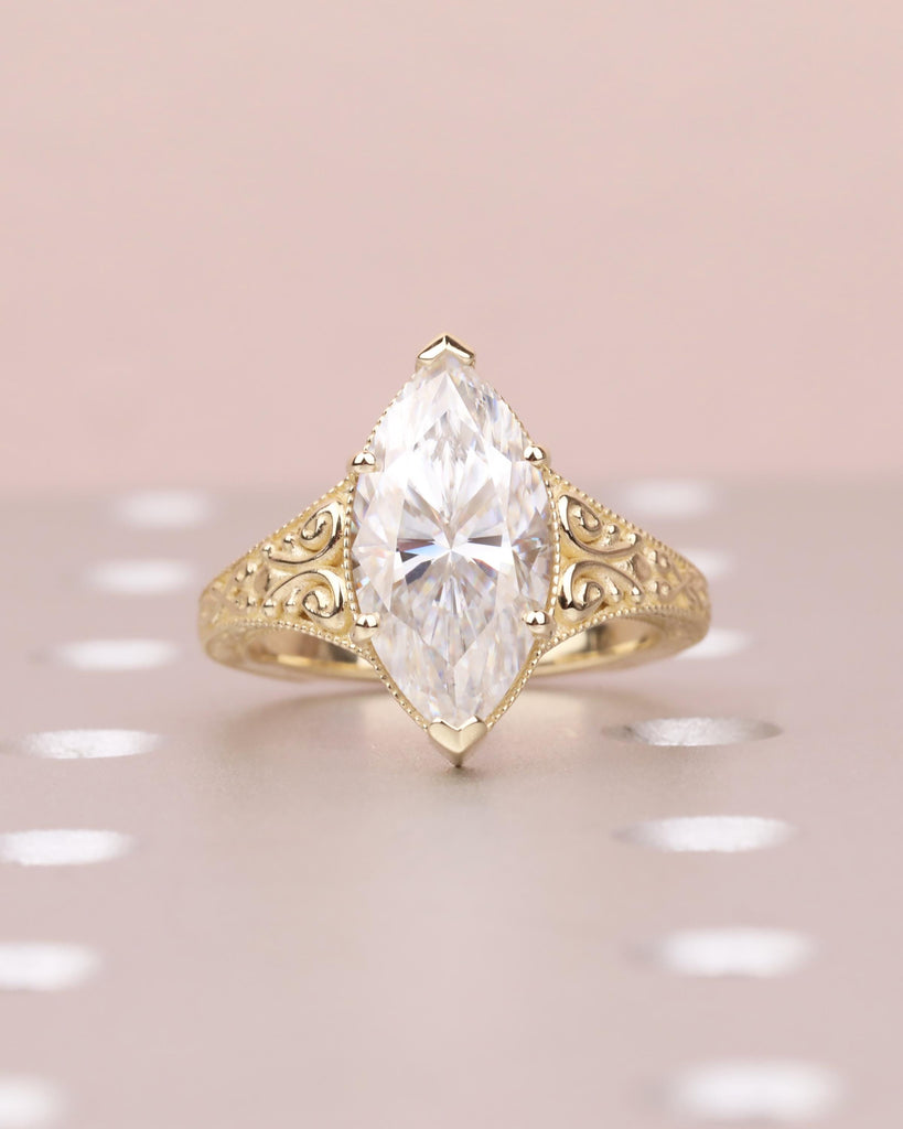 Vintage Style Marquise Moissanite Engagement Ring, Marquise Cut Solitaire Ring, 14k Solid Gold Filigree Promise Ring, Antique Engraved Band
