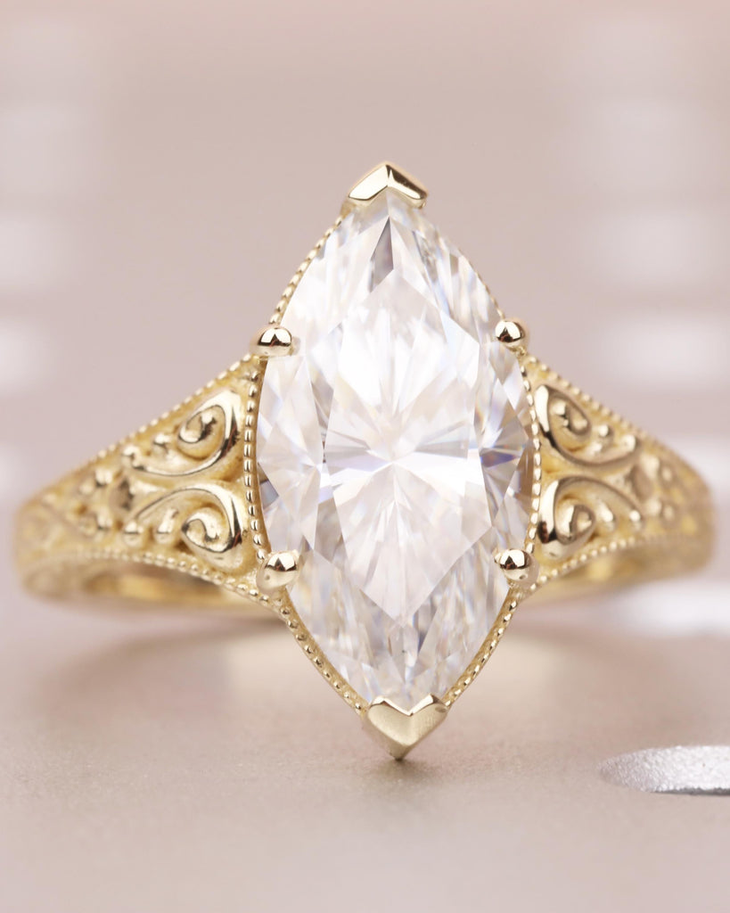 4CT Vintage Marquise Cut Lab Grown Diamond Engagement Ring, VVS2 IGI Certified Lab Created Diamond Ring, 14k Solid Gold Diamond Promise Ring image #3