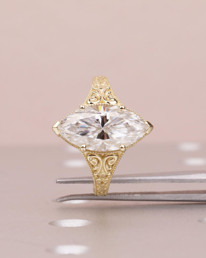 Vintage Style Marquise Moissanite Engagement Ring, Marquise Cut Solitaire Ring, 14k Solid Gold Filigree Promise Ring, Antique Engraved Band image #5