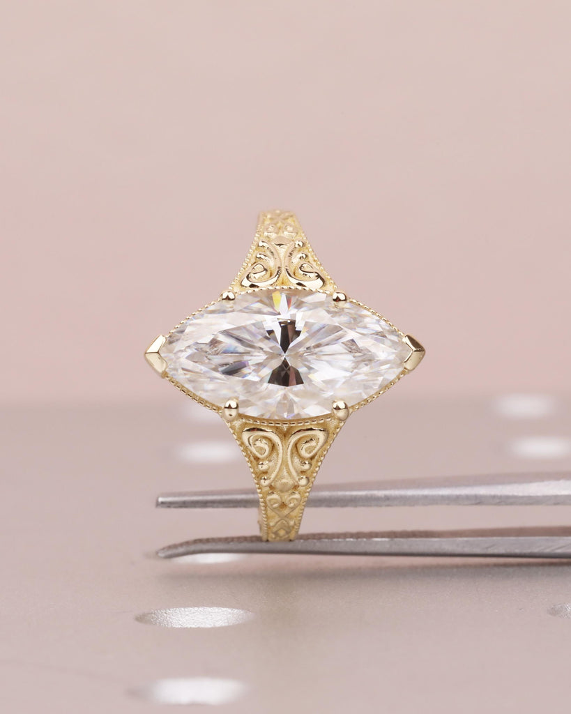 4CT Vintage Marquise Cut Lab Grown Diamond Engagement Ring, VVS2 IGI Certified Lab Created Diamond Ring, 14k Solid Gold Diamond Promise Ring