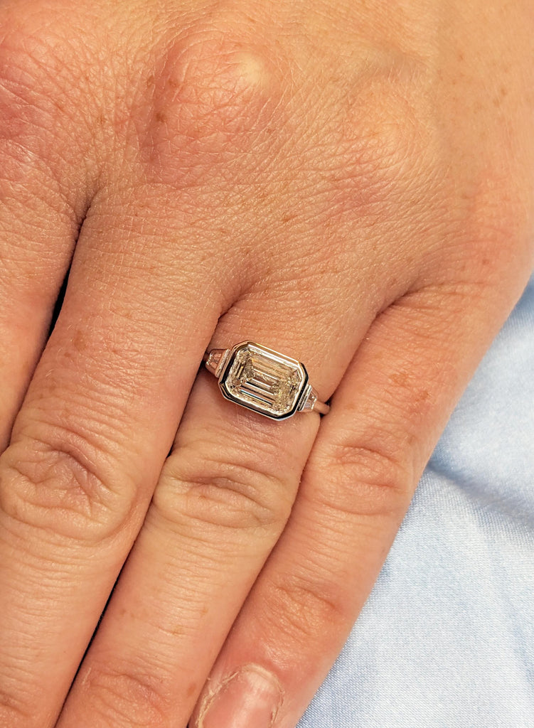 Moissanite Engagement Ring: Emerald Cut, 14K Gold Bezel Set, Tapered Baguette