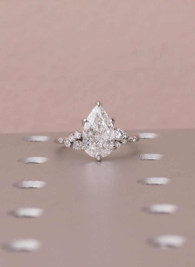 Pear Cut Moissanite Engagement Ring 14K Solid White Gold Diamond Snowdrift Diamond Cluster Ring Three Stone Bridal Alternative Wedding Ring image #14