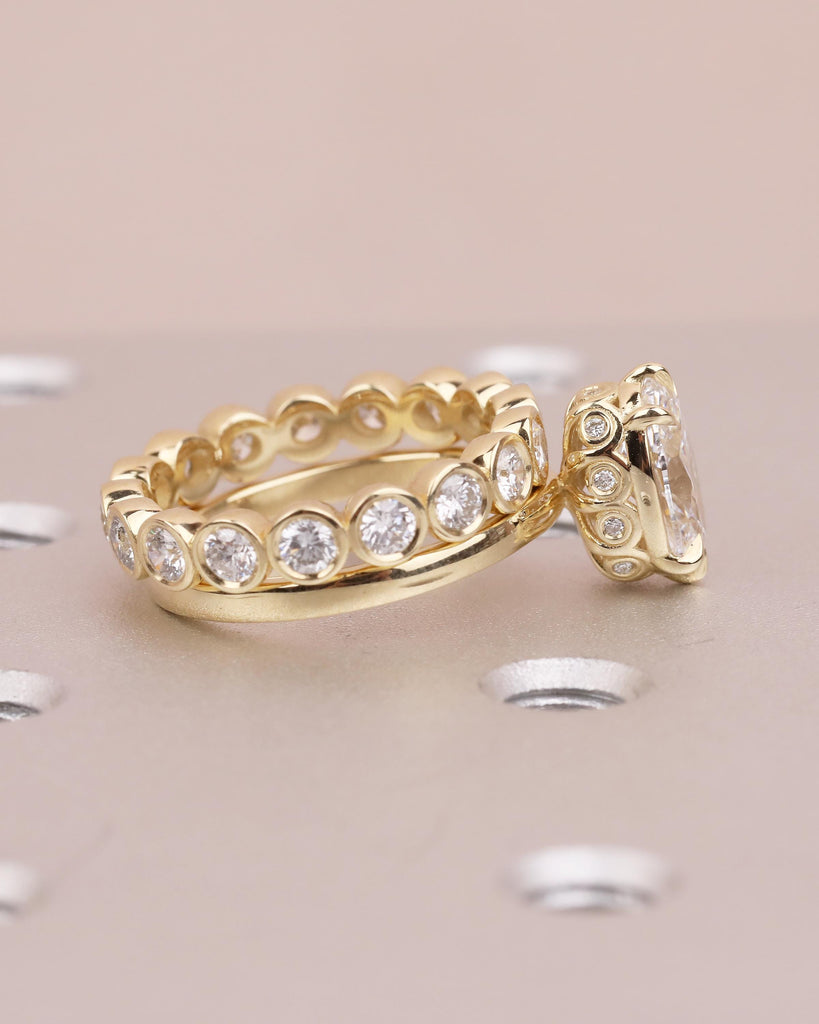 14k Gold Hidden Halo Oval Moissanite Engagement Ring Set with Diamond Eternity Wedding Band
