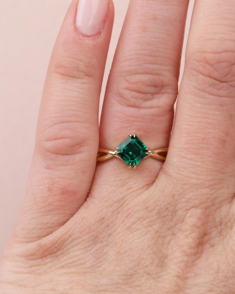 Asscher Cut Emerald Engagement Ring | Twisted Braided Band Ring | 14K Yellow Gold Emerald Ring with Double Claw Prongs | May Birthstone Ring image #10