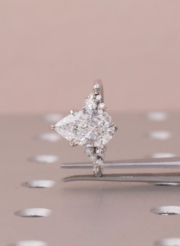Pear Cut D-F Color Lab Diamond Engagement Ring Set, Vintage Diamond Cluster Bridal Set for Women, Diamond Matching Ring, Wedding Ring Set image #2