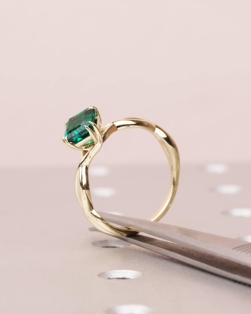 Asscher Cut Emerald Engagement Ring | Twisted Braided Band Ring | 14K Yellow Gold Emerald Ring with Double Claw Prongs | May Birthstone Ring image #4