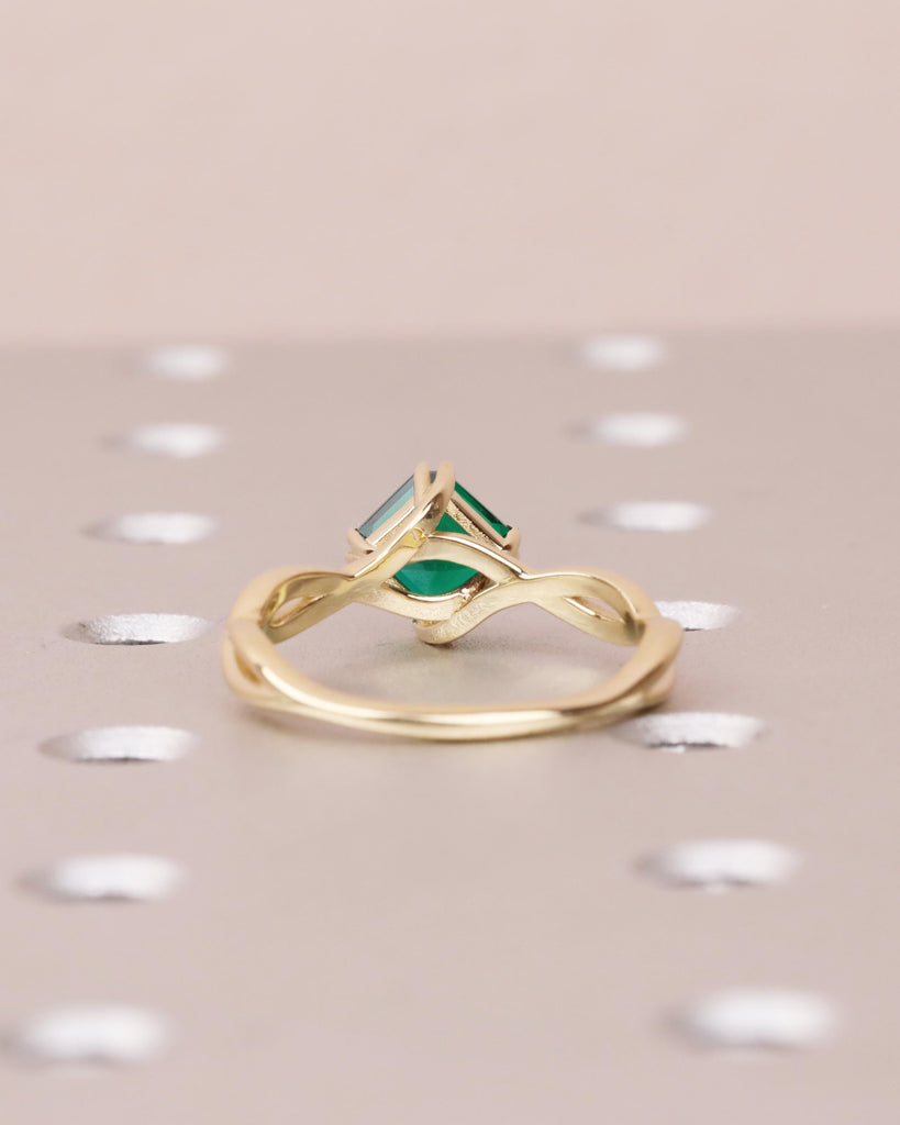 Asscher Cut Emerald Engagement Ring | Twisted Braided Band Ring | 14K Yellow Gold Emerald Ring with Double Claw Prongs | May Birthstone Ring image #9