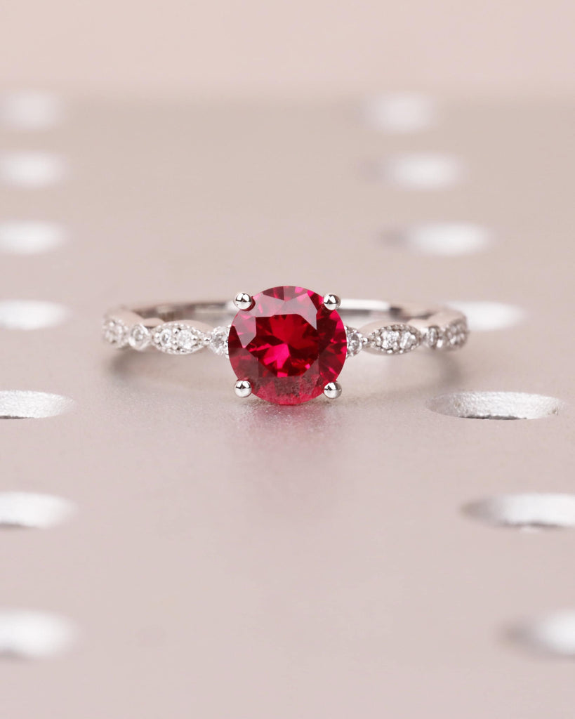 Round Cut Ruby and Diamond Engagement Ring, Vintage 14K White Gold Wedding Ring, Ruby Promise Ring, Art Deco Milgrain Ring, Anniversary Ring