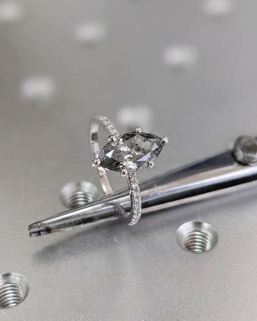 Marquise Cut Salt and Pepper Diamond Engagement Ring, Platinum or Gold Wedding Ring Diamond Eternity Band, Vintage Black Salt & Pepper Ring image #3