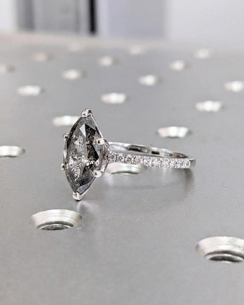 Marquise Cut Salt and Pepper Diamond Engagement Ring, Platinum or Gold Wedding Ring Diamond Eternity Band, Vintage Black Salt & Pepper Ring image #2
