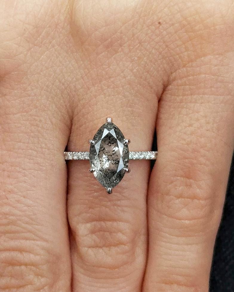 Marquise Cut Salt and Pepper Diamond Engagement Ring, Platinum or Gold Wedding Ring Diamond Eternity Band, Vintage Black Salt & Pepper Ring image #4