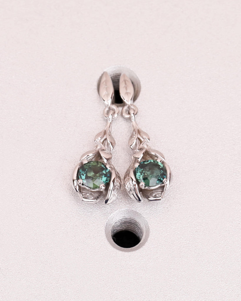 Teal Sapphire Earring, Solid Gold Dangle Earrings, Blue Green Nature Inspired Earrings, Bridesmaid Gift, Everyday Wear, September Birthstone image #10