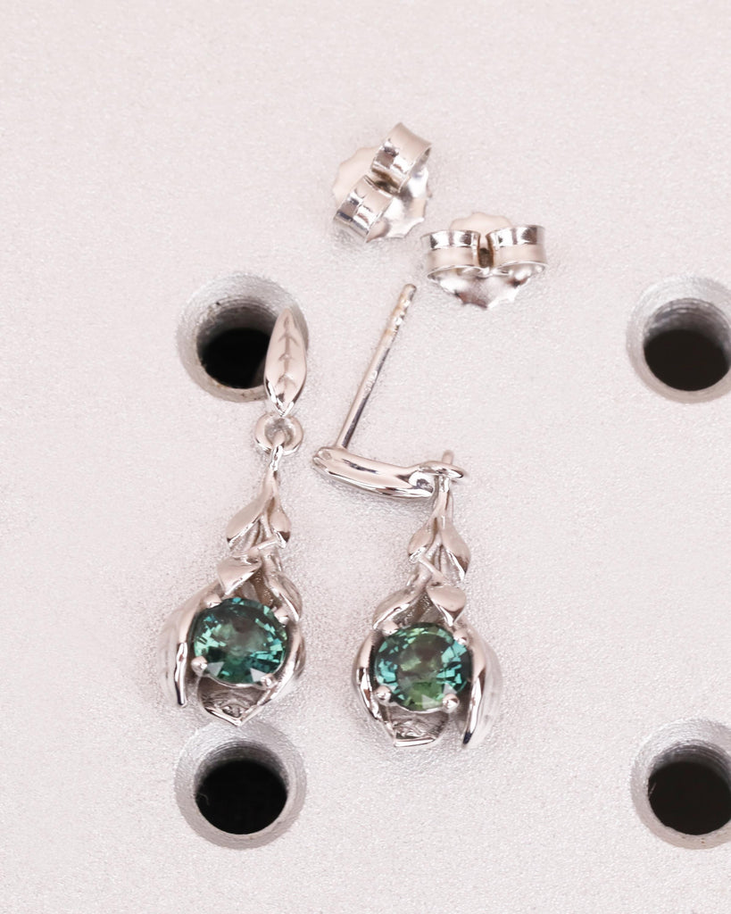 Teal Sapphire Earring, Solid Gold Dangle Earrings, Blue Green Nature Inspired Earrings, Bridesmaid Gift, Everyday Wear, September Birthstone image #8