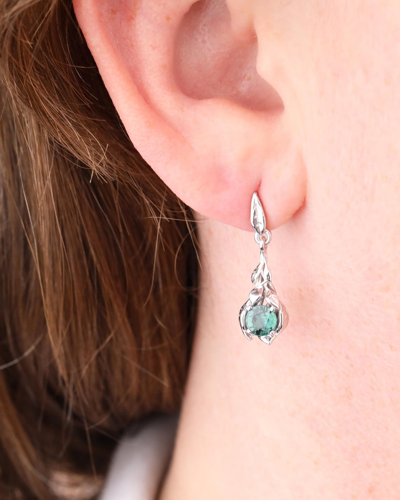 Gold Drop Earrings - Teal Sapphire Earrings - Leaf Earrings - Nature Earrings - Blue Green Sapphire - Natural Gemstone Earrings image #2