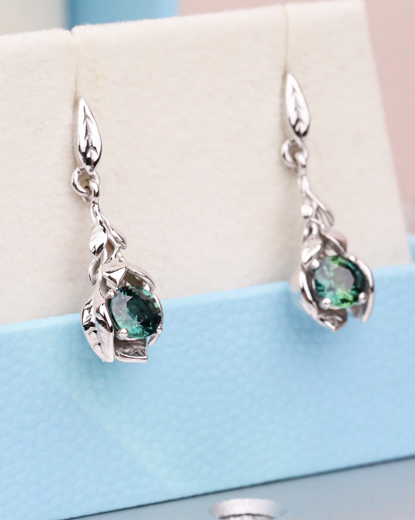 Gold Drop Earrings - Teal Sapphire Earrings - Leaf Earrings - Nature Earrings - Blue Green Sapphire - Natural Gemstone Earrings