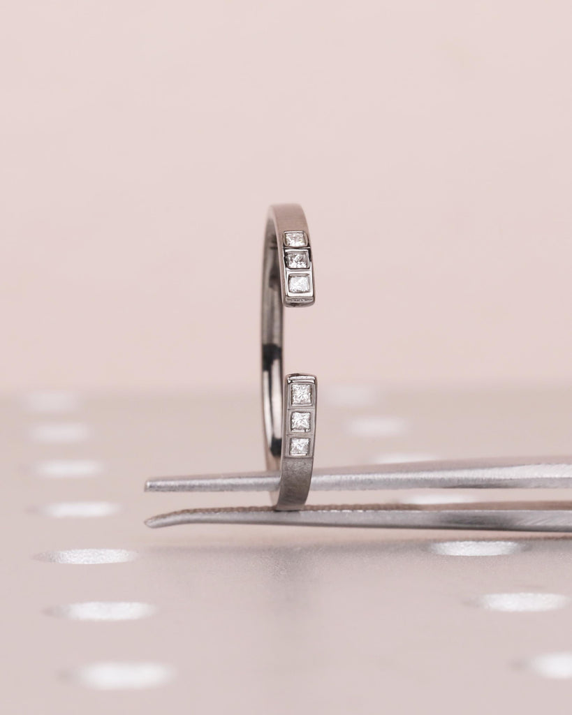 14k Gold Open Wedding Band, Princess Cut Diamond Band, Open Moissanite Ring, Open Gap Wedding Band, Dainty Stackable Black Gold Promise Ring image #5
