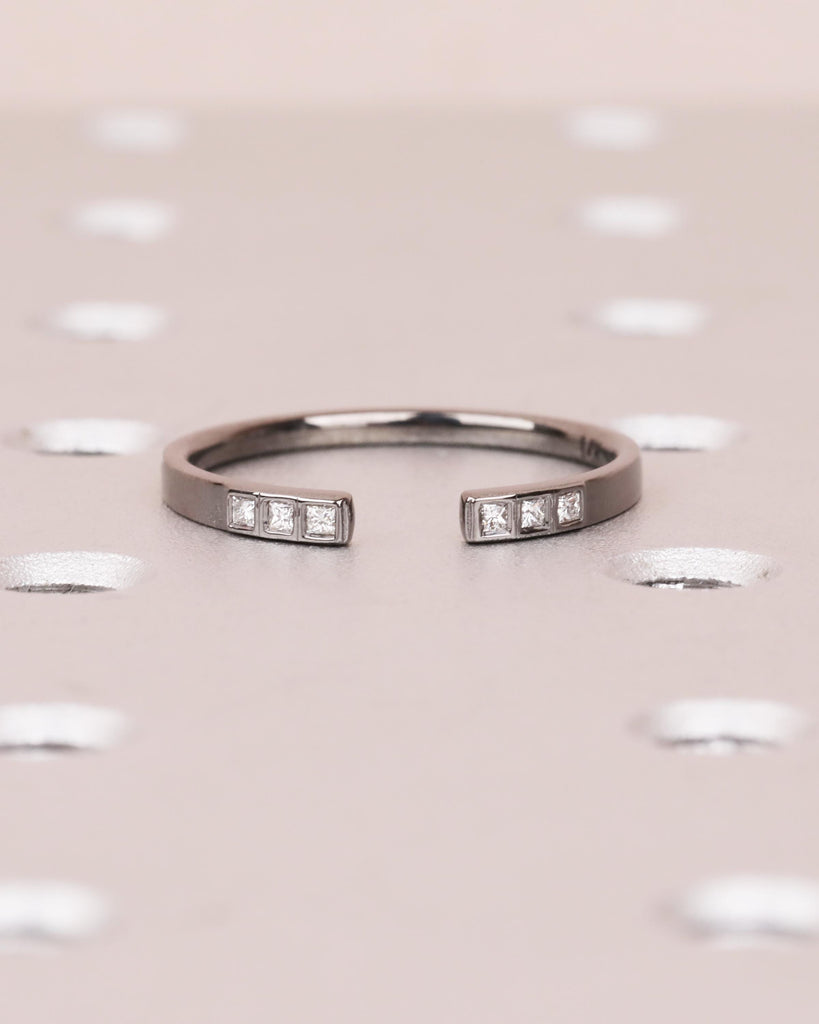 14k Gold Open Wedding Band, Princess Cut Diamond Band, Open Moissanite Ring, Open Gap Wedding Band, Dainty Stackable Black Gold Promise Ring