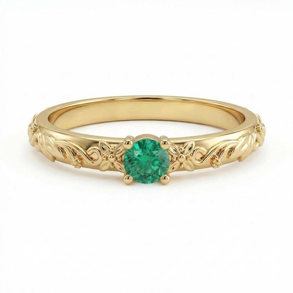 Gold Vintage Natural Emerald Floral Wedding Ring | Nature Inspired Leaf Wedding Band | Solitaire Gemstone Promise Rings for Women image #6