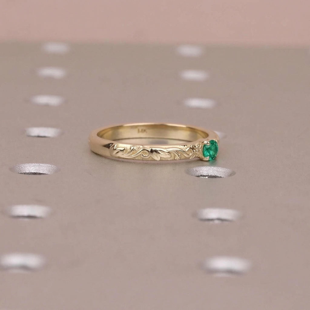Gold Vintage Natural Emerald Floral Wedding Ring | Nature Inspired Leaf Wedding Band | Solitaire Gemstone Promise Rings for Women image #5