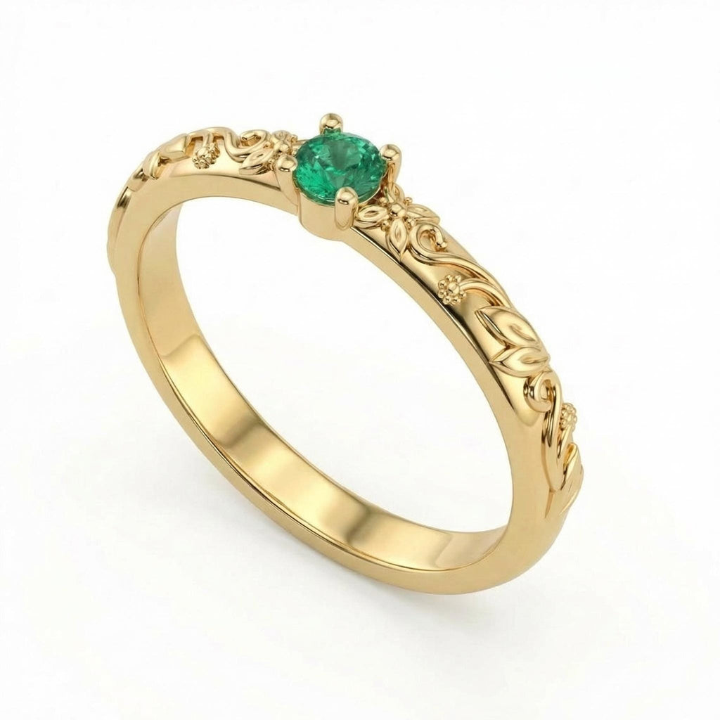 Gold Vintage Natural Emerald Floral Wedding Ring | Nature Inspired Leaf Wedding Band | Solitaire Gemstone Promise Rings for Women image #7