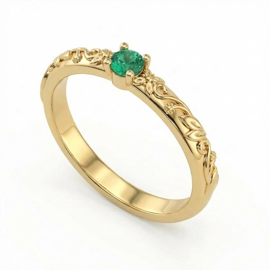 May Birthstone Rustic Engagement Ring:  Round cut Green Emerald, Solid Gold or Platinum, Handmade Flower Petals and Vine Band image #7