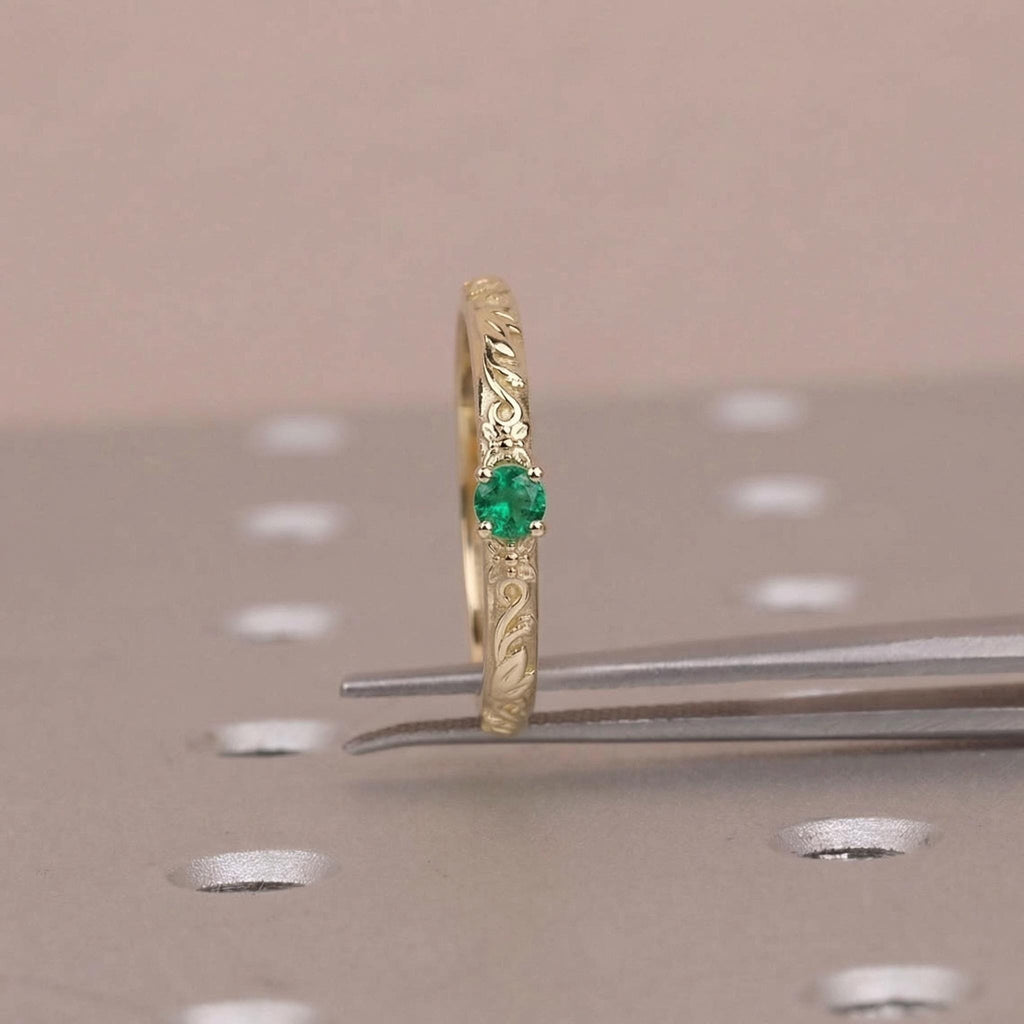 Gold Vintage Natural Emerald Floral Wedding Ring | Nature Inspired Leaf Wedding Band | Solitaire Gemstone Promise Rings for Women image #3