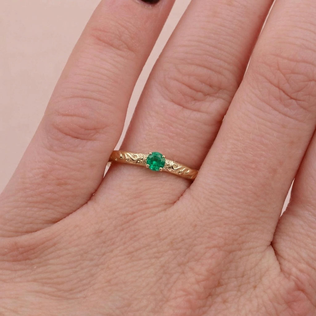 Gold Vintage Natural Emerald Floral Wedding Ring | Nature Inspired Leaf Wedding Band | Solitaire Gemstone Promise Rings for Women image #2