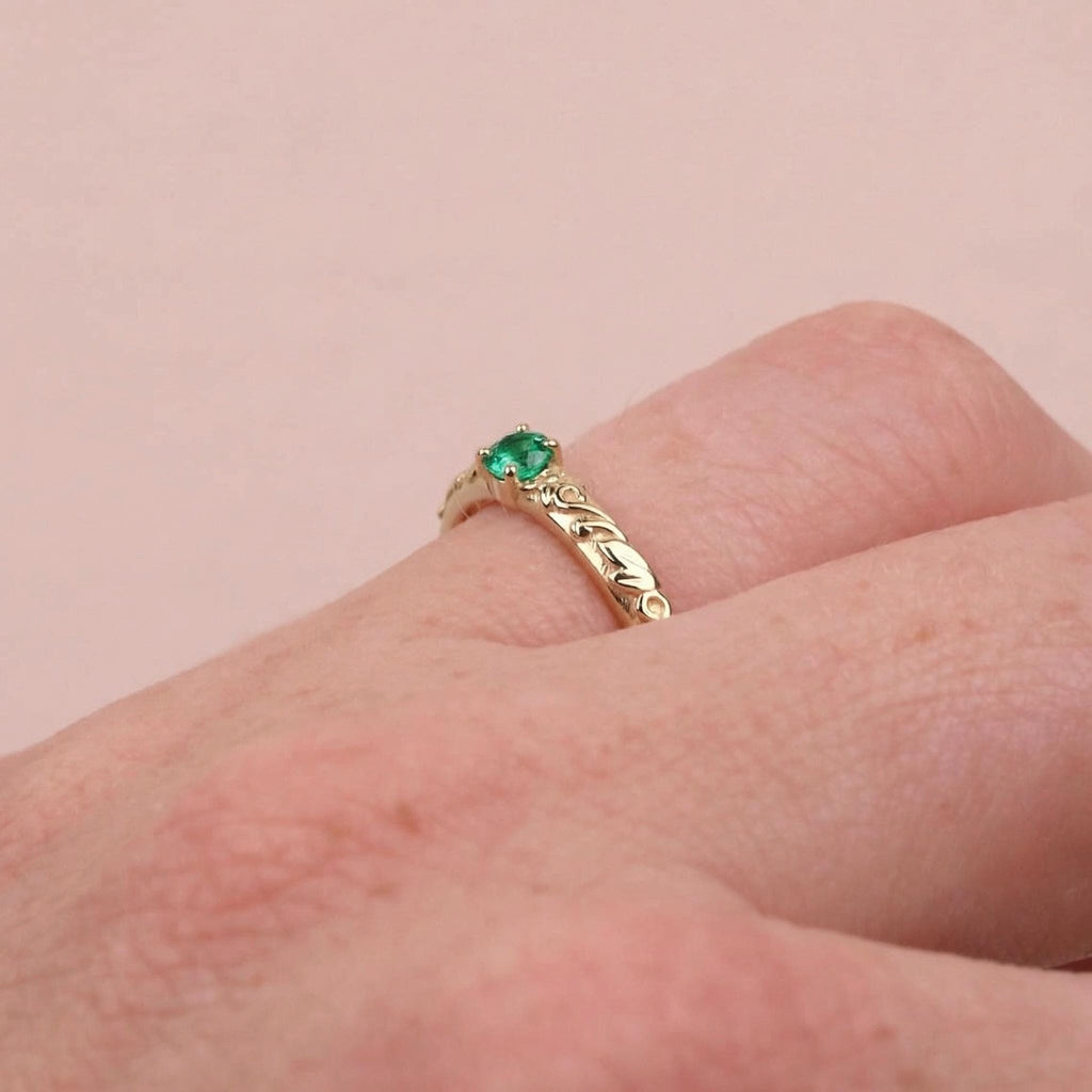 Gold Vintage Natural Emerald Floral Wedding Ring | Nature Inspired Leaf Wedding Band | Solitaire Gemstone Promise Rings for Women image #8