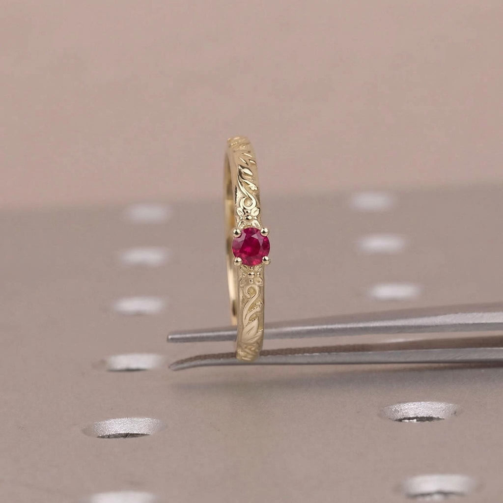 14k Vintage Red Ruby Floral Engagement Ring | Nature Inspired Leaf Wedding Band | Solitaire Gemstone Promise Rings for Women image #3