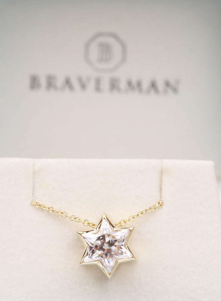 Moissanite Star of David Necklace | 14k Yellow Gold Magen Pendant, Bezel-Set Solitaire Necklace image #5