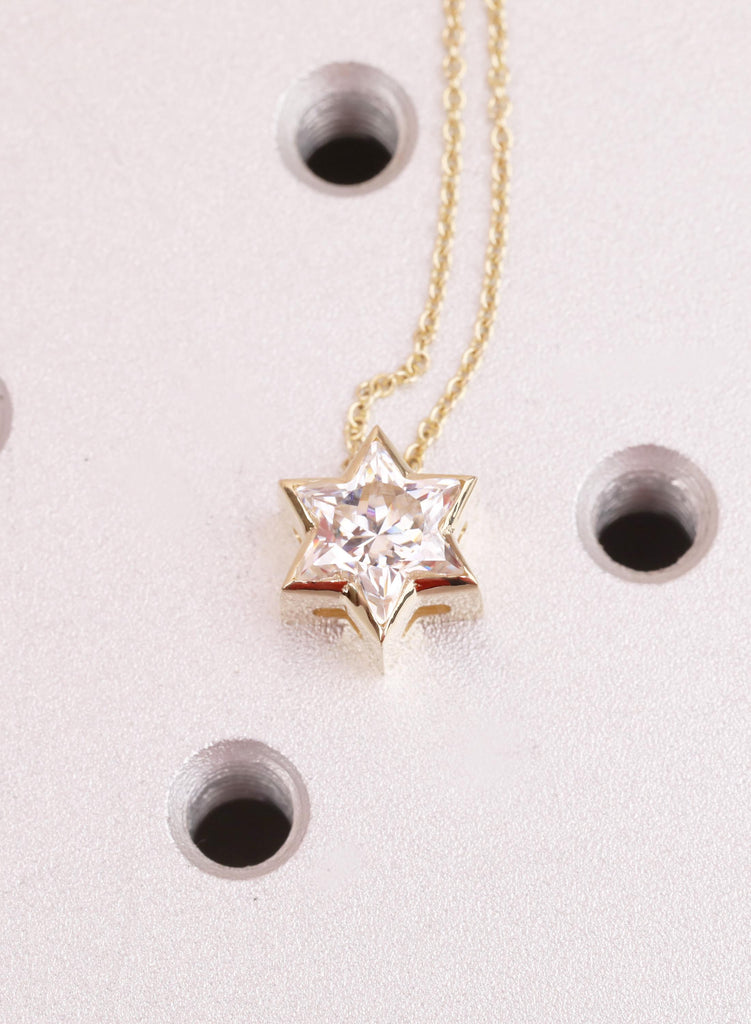 Moissanite Star of David Necklace | 14k Yellow Gold Magen Pendant, Bezel-Set Solitaire Necklace image #9