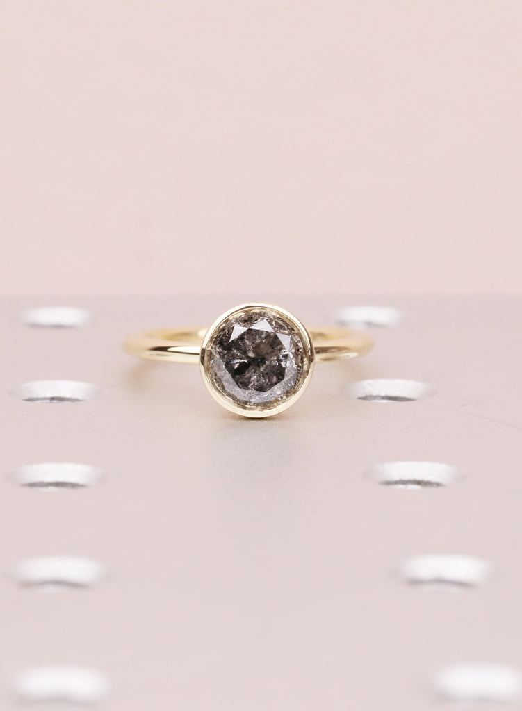 14K Yellow Gold Salt and Pepper Diamond Engagement Ring, Tulip Setting Flower Round Cut Solitaire Diamond Lotus Floral Proposal Ring For Her image #2