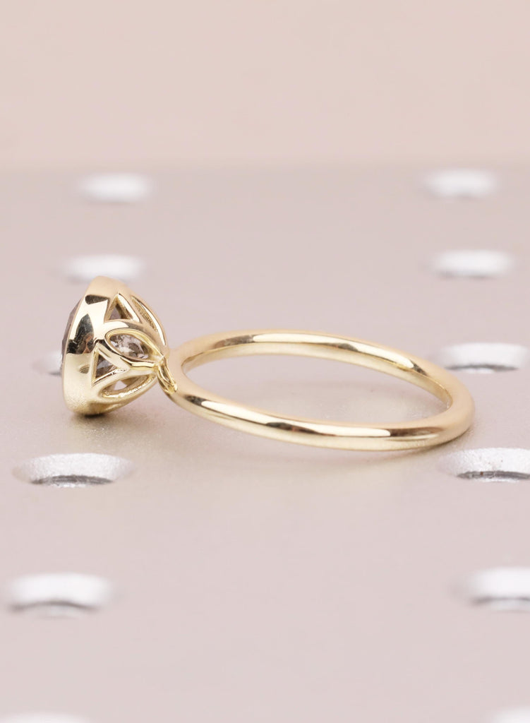 14K Yellow Gold Salt and Pepper Diamond Engagement Ring, Tulip Setting Flower Round Cut Solitaire Diamond Lotus Floral Proposal Ring For Her image #6