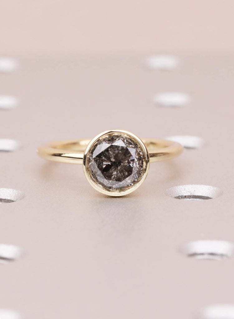 14K Yellow Gold Salt and Pepper Diamond Engagement Ring, Tulip Setting Flower Round Cut Solitaire Diamond Lotus Floral Proposal Ring For Her