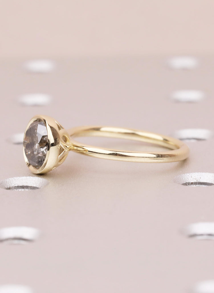 14K Yellow Gold Salt and Pepper Diamond Engagement Ring, Tulip Setting Flower Round Cut Solitaire Diamond Lotus Floral Proposal Ring For Her image #7