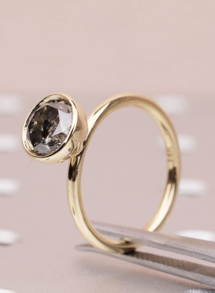 14K Yellow Gold Salt and Pepper Diamond Engagement Ring, Tulip Setting Flower Round Cut Solitaire Diamond Lotus Floral Proposal Ring For Her image #9