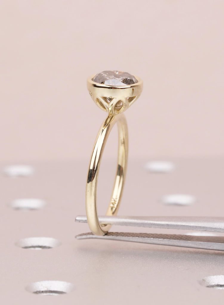 14K Yellow Gold Salt and Pepper Diamond Engagement Ring, Tulip Setting Flower Round Cut Solitaire Diamond Lotus Floral Proposal Ring For Her image #13