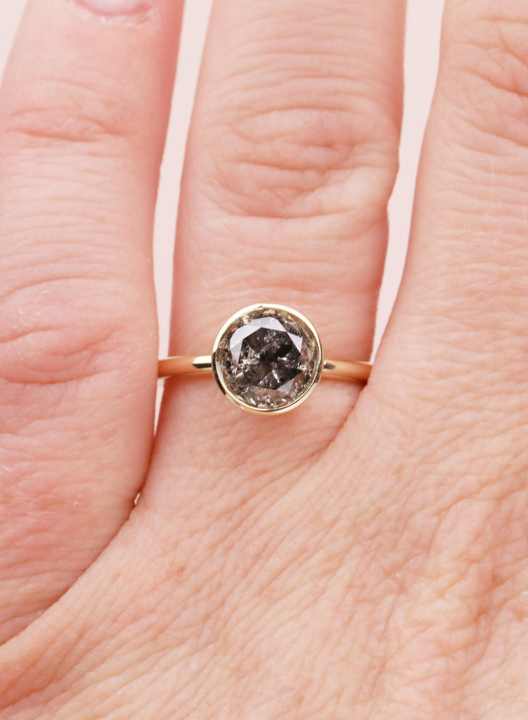 14K Yellow Gold Salt and Pepper Diamond Engagement Ring, Tulip Setting Flower Round Cut Solitaire Diamond Lotus Floral Proposal Ring For Her image #15