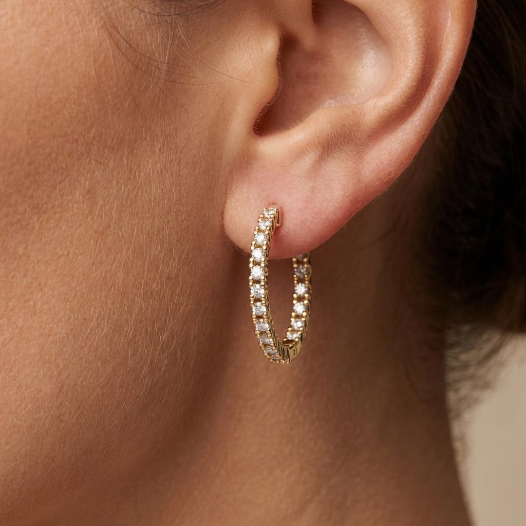 Dainty Inside Out Earrings | Moissanite Huggie Hoop Earrings | Lab Grown Diamond Hoop Earrings | 14k 18k Solid Gold Diamond Huggie Earrings image #2