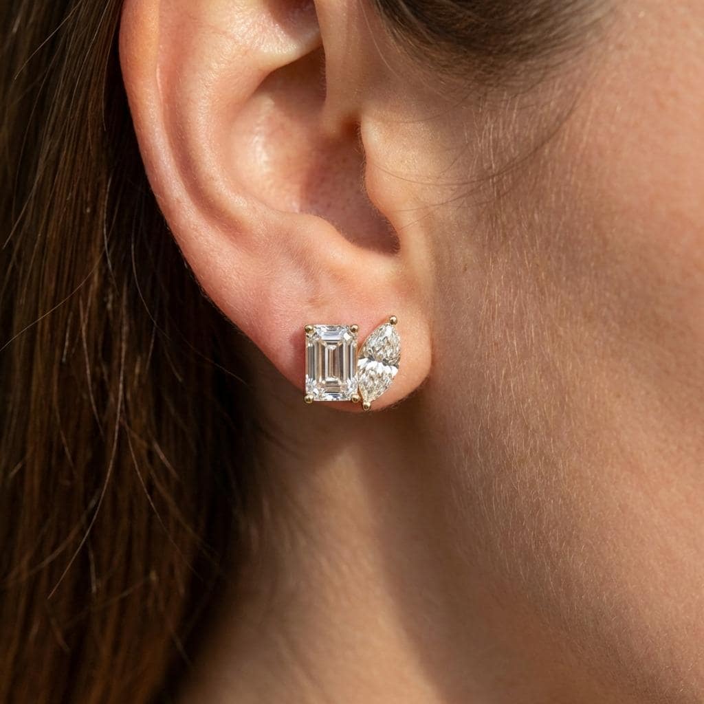 14K Gold Toi et Moi 3ct Diamond Earrings: Emerald and Marquise cut Studs, Push Back Earrings image #2