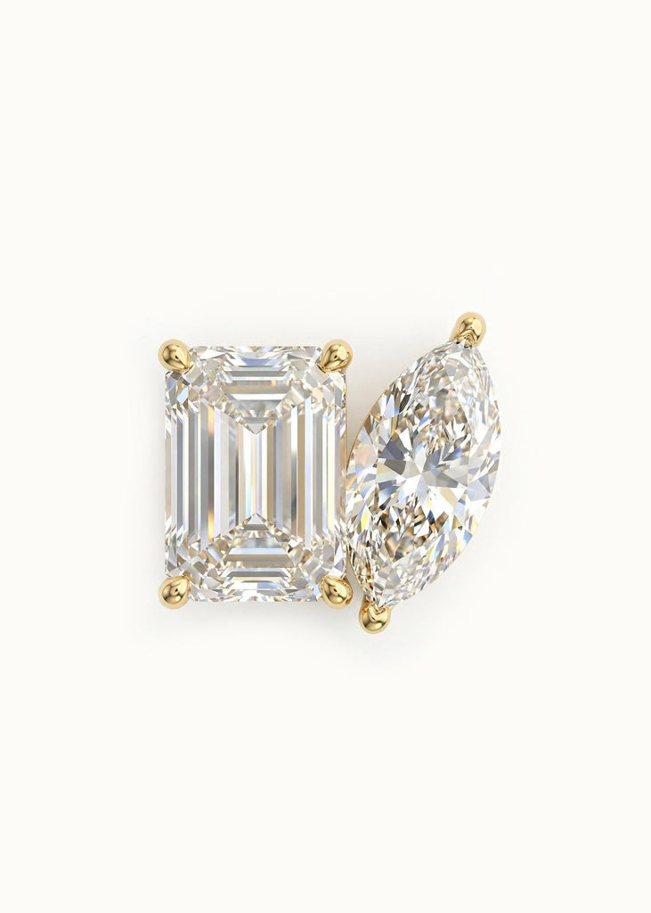 Emerald and Marquise cut Diamond Double Stone Stud Earrings | Solid Gold Push Back Wedding Earrings for Her | Toi et Moi Earrings image #3