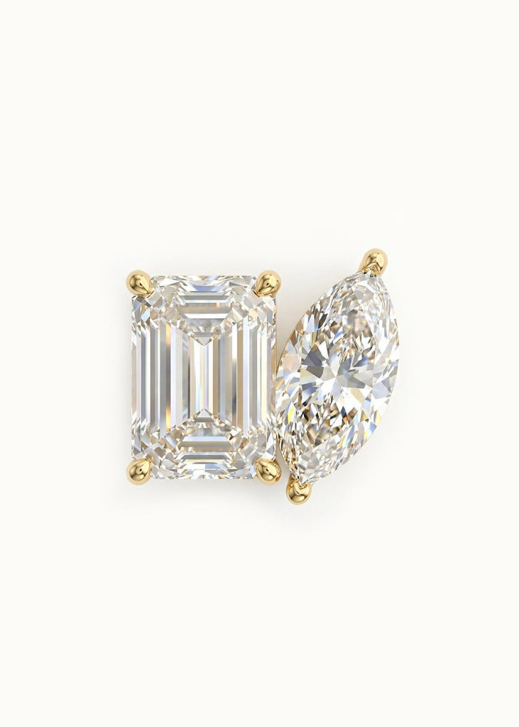14K Gold Toi et Moi 3ct Diamond Earrings: Emerald and Marquise cut Studs, Push Back Earrings image #3