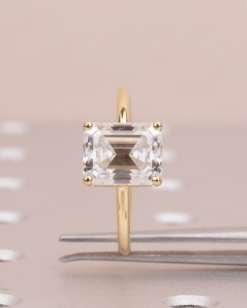 Emerald Cut Engagement Ring, Lab Grown Diamond Hidden Halo Wedding Anniversary Ring, Dainty 18k Solid Gold Statement Ring, Bridal Jewelry image #4