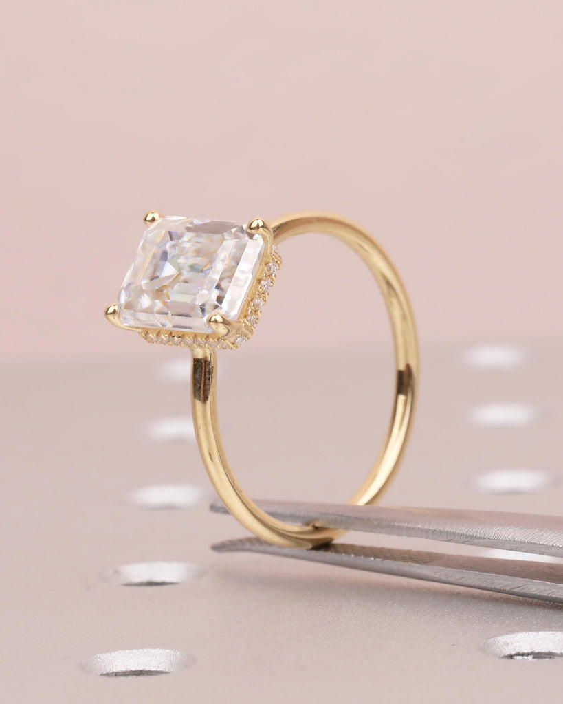 18k Solid Gold Emerald Cut Ring, Hidden Halo Lab Diamond Engagement Ring image #3