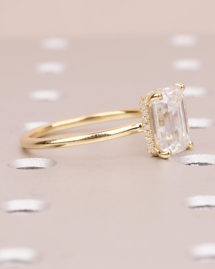 Emerald Cut Moissanite Engagement Ring, 18k Solid Gold Diamond Hidden Halo Ring image #6