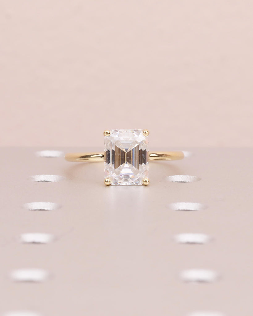 Emerald Cut Moissanite Ring, Solitaire Engagement Ring, 18k Yellow Gold Bezel Set Diamond Hidden Halo Promise Ring for Her, Wedding Jewelry image #8